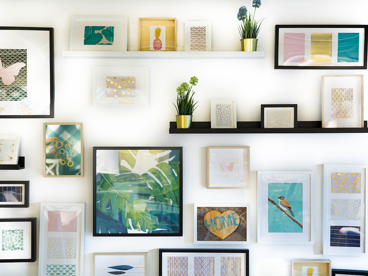 room with a lot of wall art