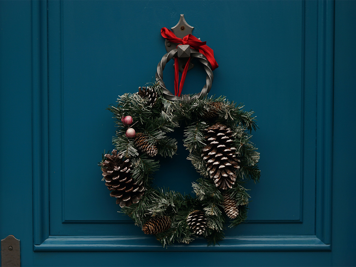 wreath on blue door